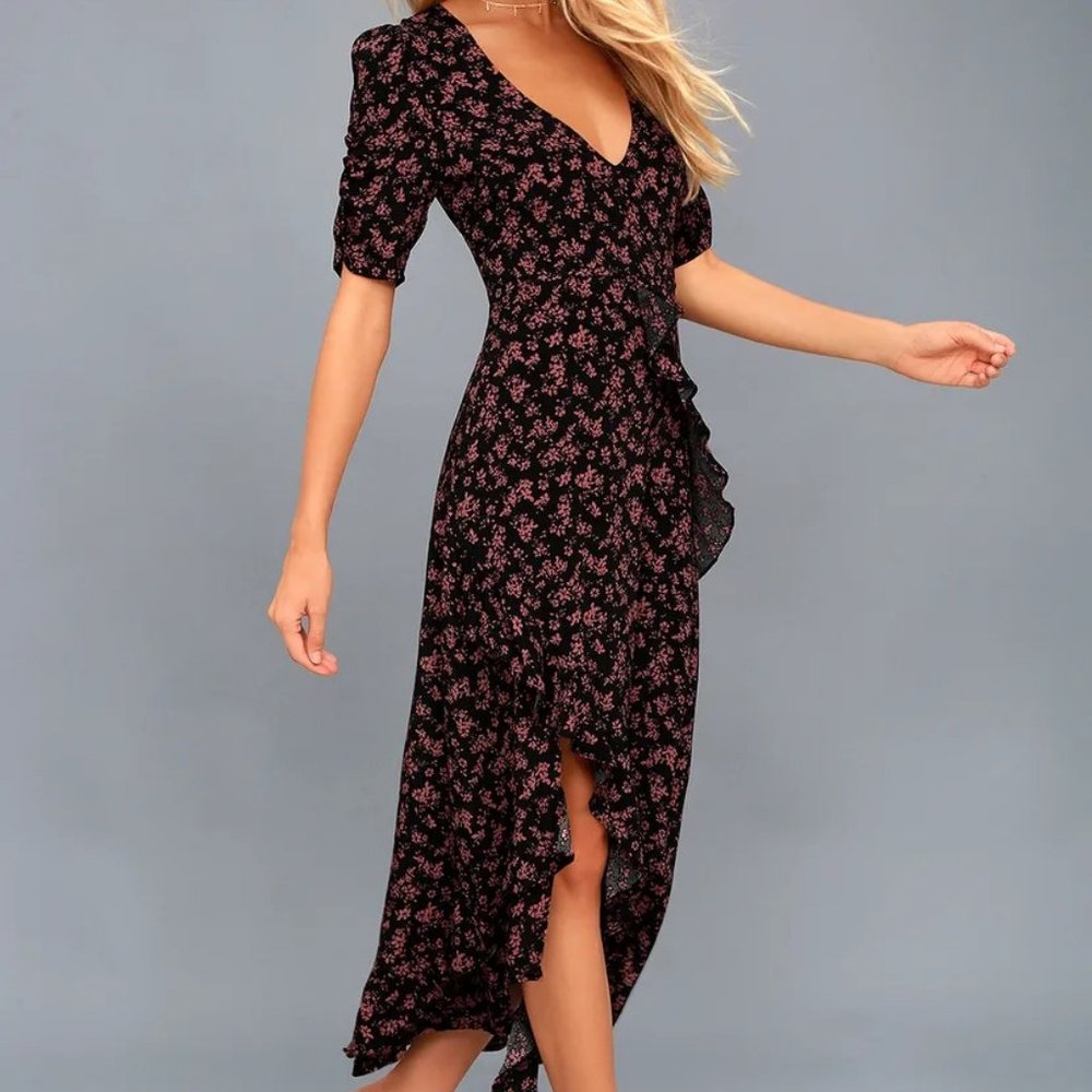 Prairie Serenade Black Floral Print Midi Dress